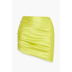 Asymmetric ruched silk-satin mini skirt