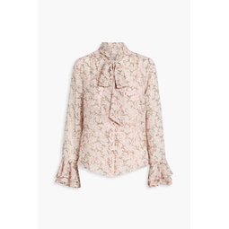 Pussy-bow floral-print metallic fil coupe blouse