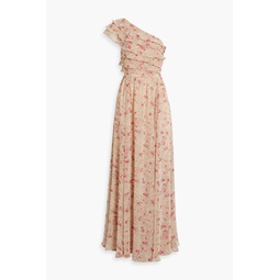 One-shoulder ruffled floral-print chiffon maxi dress