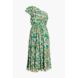 One-shoulder layered floral-print georgette midi dress