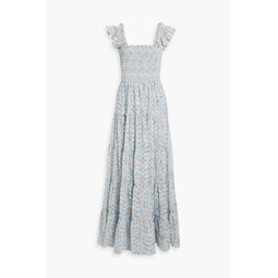 Shirred floral-print broderie anglaise maxi dress