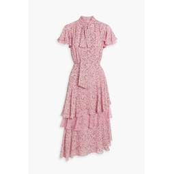 Lace-trimmed ruffled floral-print chiffon midi dress