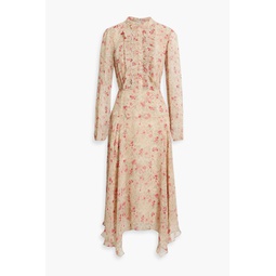 Lace-trimmed floral-print chiffon midi dress