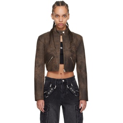 Brown Cropped Faux-Leather Jacket 241937F063003