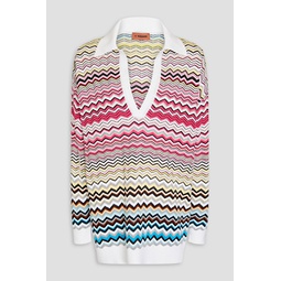 Crochet-knit cotton-blend polo sweater