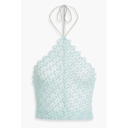 Cropped metallic crochet-knit halterneck top