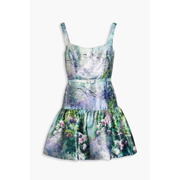 Fluted metallic printed satin-jacquard mini dress