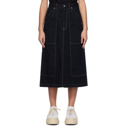 Black Paneled Denim Midi Skirt 241188F092011