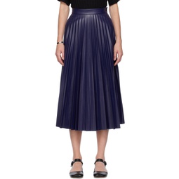 Navy Pleated Faux-Leather Midi Skirt 232188F092002