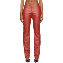 Red Exposed Zip Faux Leather Trousers 231257F087000