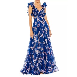 Floral Ruffled Tiered Chiffon Gown