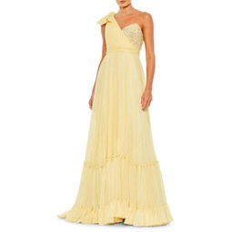 Embellished Tie Shoulder Ruffle Gown