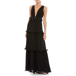 Plunge Pleated Ruffle Gown