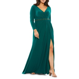 Long Sleeve Slit Jersey Gown