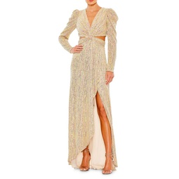 Puff Sleeve Sequin Gown