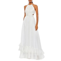 Cutout Back Pleated Flared Gown
