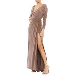 Beaded Faux Wrap Gown
