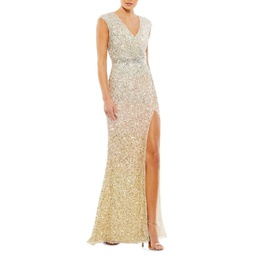 Sequin Sleeveless Faux Wrap Slit Gown