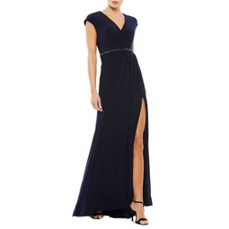 Embellished Waist Faux Wrap Gown