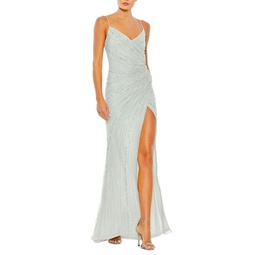 Beaded High Slit Faux Wrap Gown
