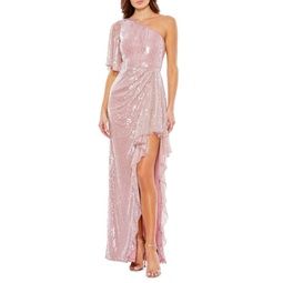 Sequin One Shoulder Draped Gown