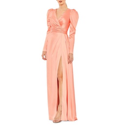 Puff Sleeve Satin A Line Gown