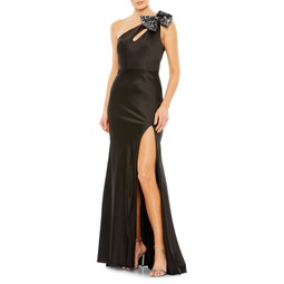 Sequin Bow One-Shoulder A-Line Gown