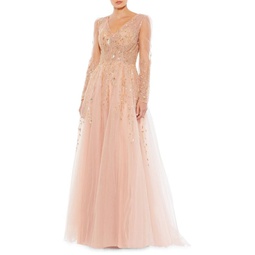 Beaded Mesh A-Line Gown