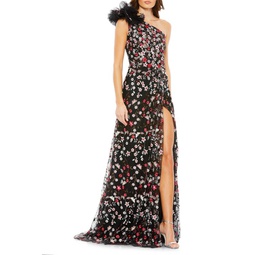 Floral Embroidered One Shoulder Gown