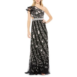 One Shoulder Floral lace Gown