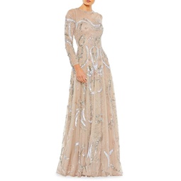Sequined Illusion-Neck Gown