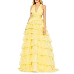 Plunge Chiffon Tiered Ball Gown
