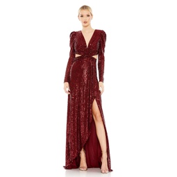 sequined criss cross long sleeve gown