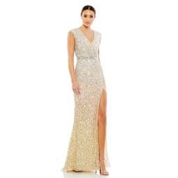 cap sleeve sequined high slit gown