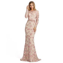 floral embroidered illusion long sleeve trumpet gown