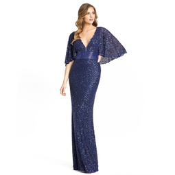 sequined v-neck cape sleeve beaded waist gown