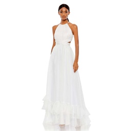 pleated criss cross cut-out halter neck gown