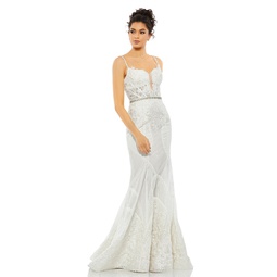 embroidered sleeveless plunge neck trumpet gown