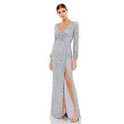 sequined faux wrap bishop sleeve gown