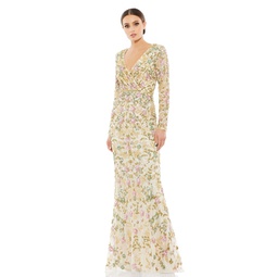 long sleeve floral embellished gown