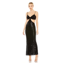 sequined spaghetti strap cut out gown
