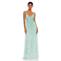 sequined sleeveless wrap over a line gown