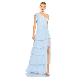 ruffle tiered one flutter sleeve gown