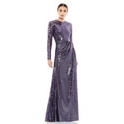 sequined high neck long sleeve draped gown