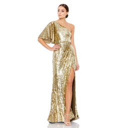 embellished cap sleeve cowl neck trumpet gown