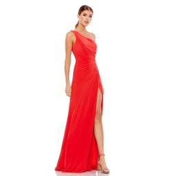 one shoulder ruched jersey evening gown
