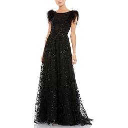 Embellished Feather Cap Sleeve Bateau A-Line Gown