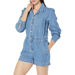 Madewell Long Sleeve Elastic Waist Denim Romper in Rushland Wash