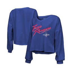 Womens Threads Royal Texas Rangers 2023 World Series Champions Off-Shoulder Script Cropped Long Sleeve V-Neck T-shirt
