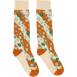 Beige & Orange Stripy Flowers Socks 231379M220009